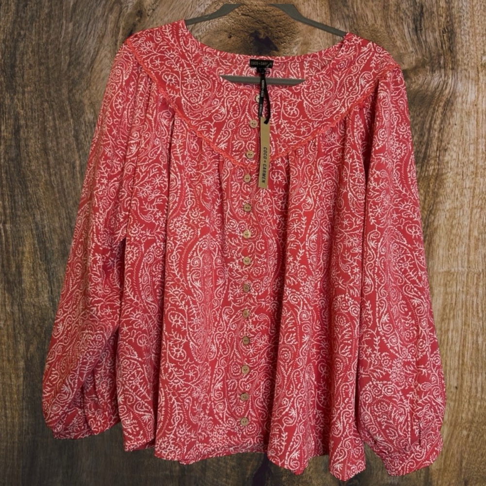 Darla Faux Button Paisley Peasant Style Blouse | Bright Rose | XXL